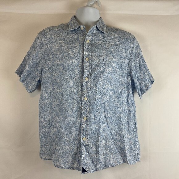 Untuckit Men's Terlan Linen Shirt M Blue White Leaf Print Button Front - Picture 1 of 10